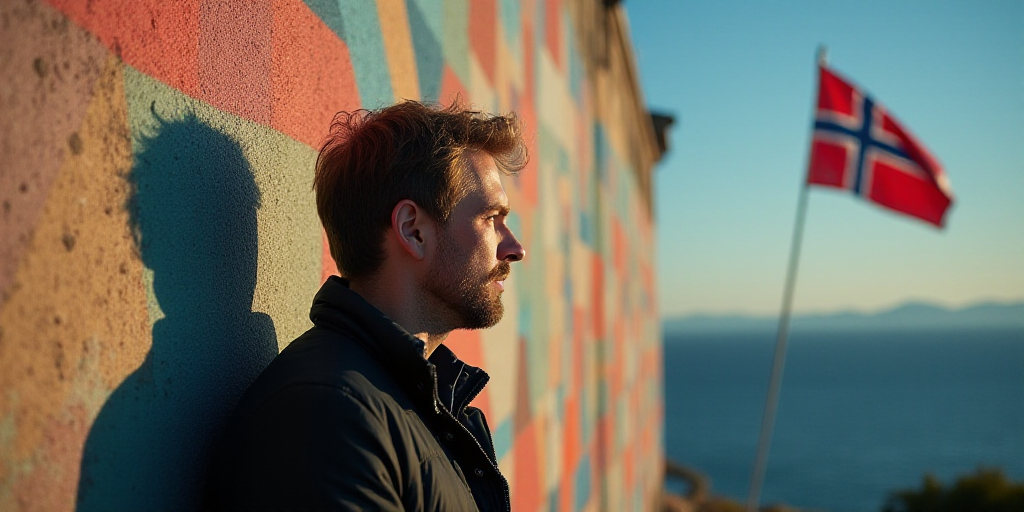 a man is looking at a colorful wall with a flag on it and a flag in the background of the image, Ás