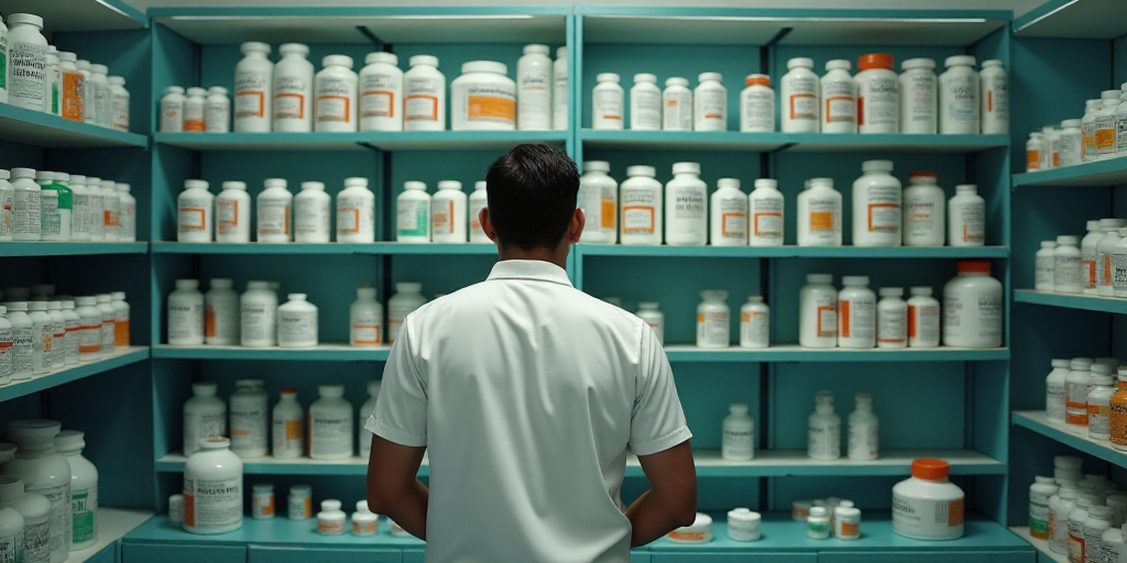 a man is looking at a shelf of medicine bottles in a pharmacy office with shelves of medicine bottle