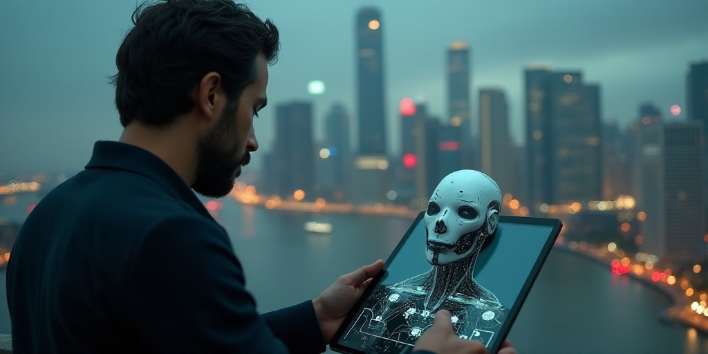 a man is looking at a tablet with a robot head on it and a city in the background with a lot of icon