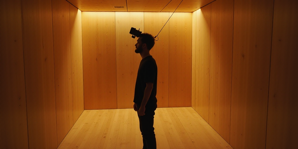 a man is standing in a wooden room with a camera on his head and a video recording him from the bott