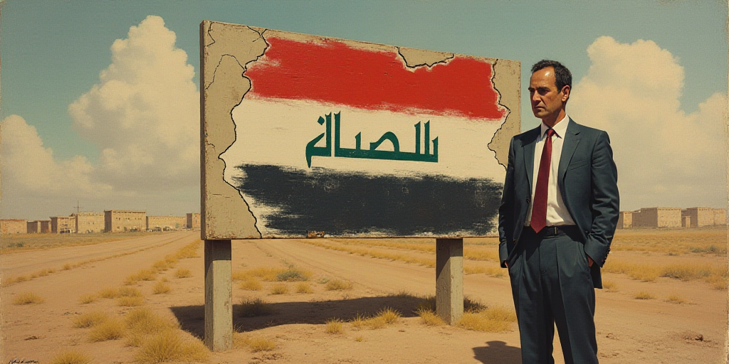 a man is standing in front of a sign with the name of the country of iraq on it and a map of the cou