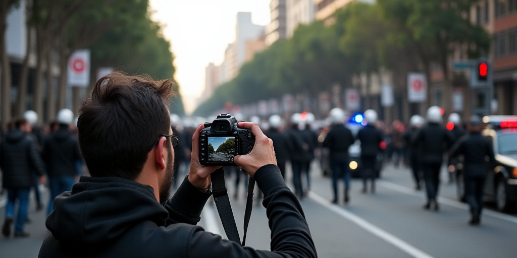 a man is taking pictures of a crowd of people on a street with a police car and a police car, Federi