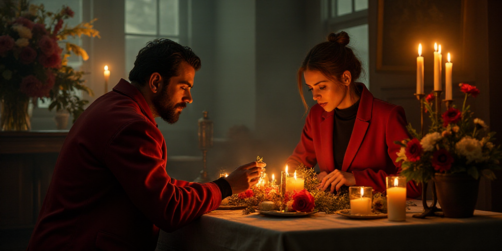 a man kneeling down next to a bunch of candles and flowers on a table with candles on it and a woman