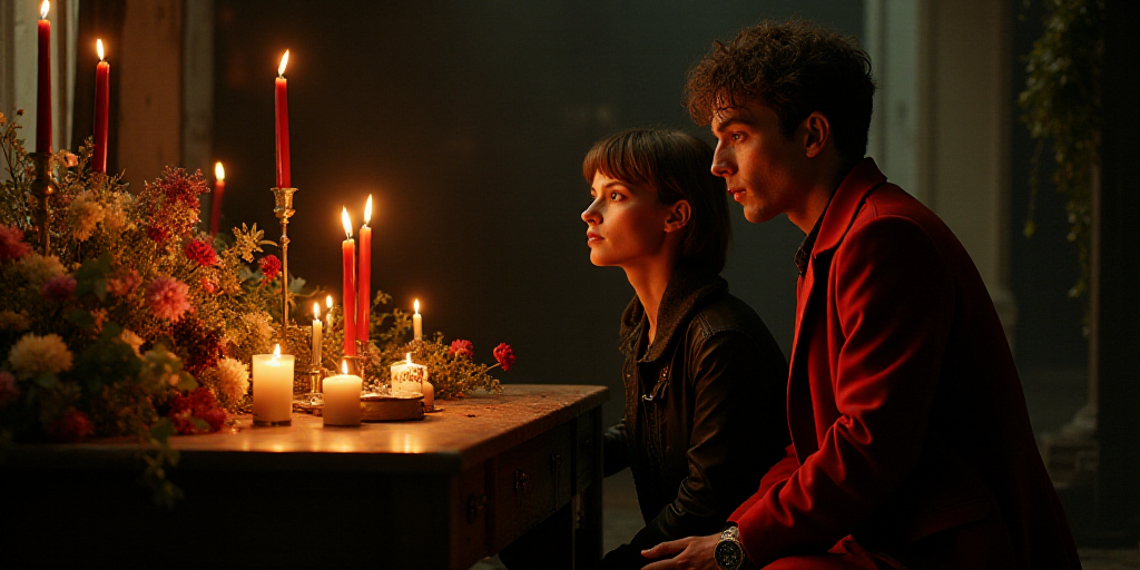 a man kneeling down next to a bunch of candles and flowers on a table with candles on it and a woman