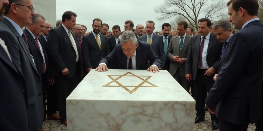 a man leaning over a large box with a star of david on it and people surrounding him looking at it,