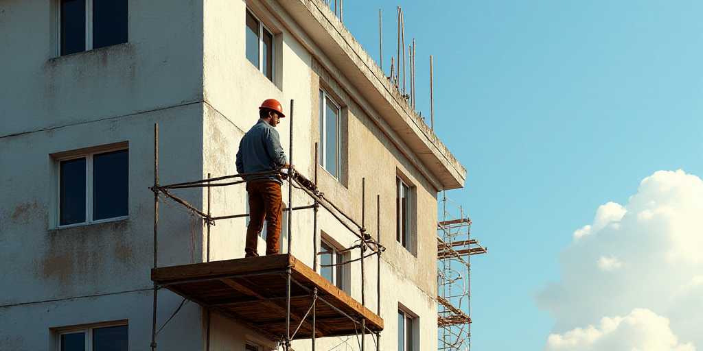 a man on a scaffolding on a building with a helmet on top of it and a building under construction, E
