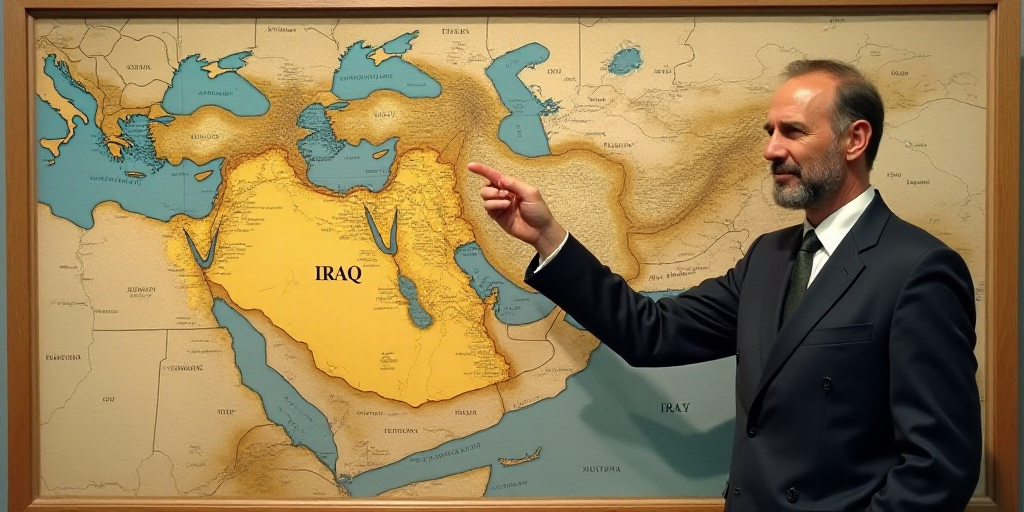 a man pointing at a map of the country of iraq with a map of the country in the background, Amédée