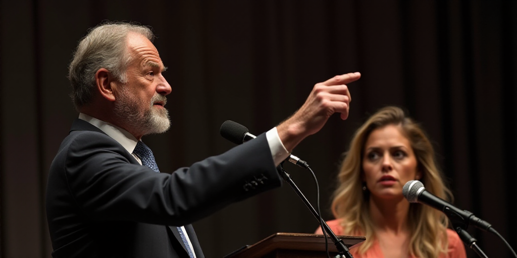 a man pointing at something while standing in front of a microphone and a woman behind him with a mi