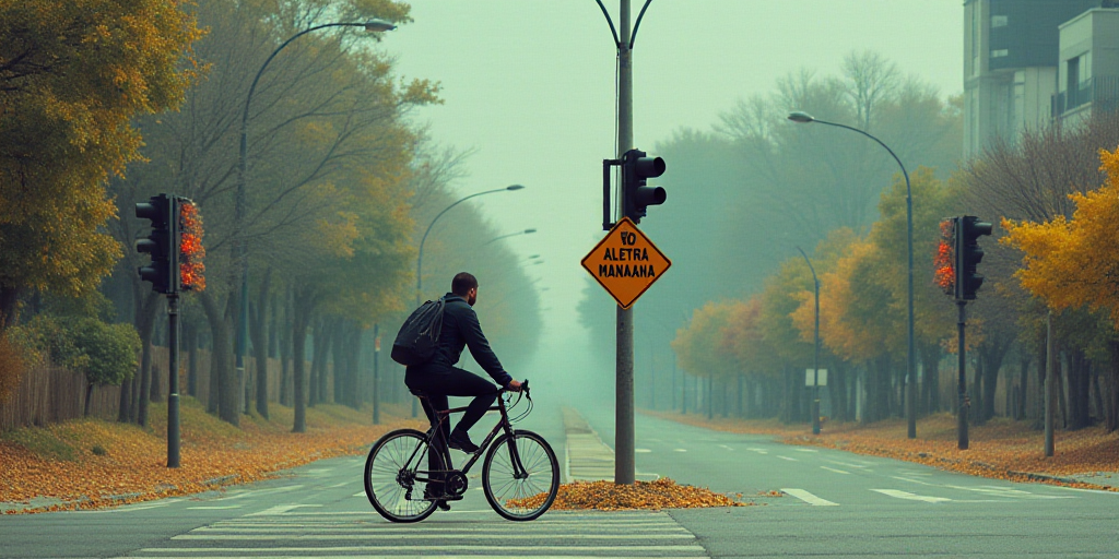 a man riding a bike down a street next to a traffic light and a sign that says, aletra manana, Aquir
