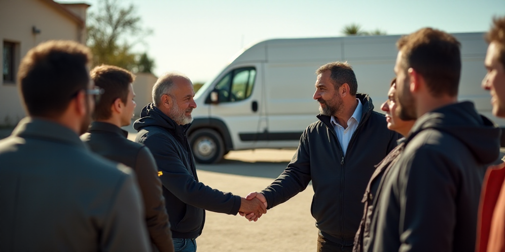 a man shaking hands with a group of people in front of a van and a van with a truck in the backgroun