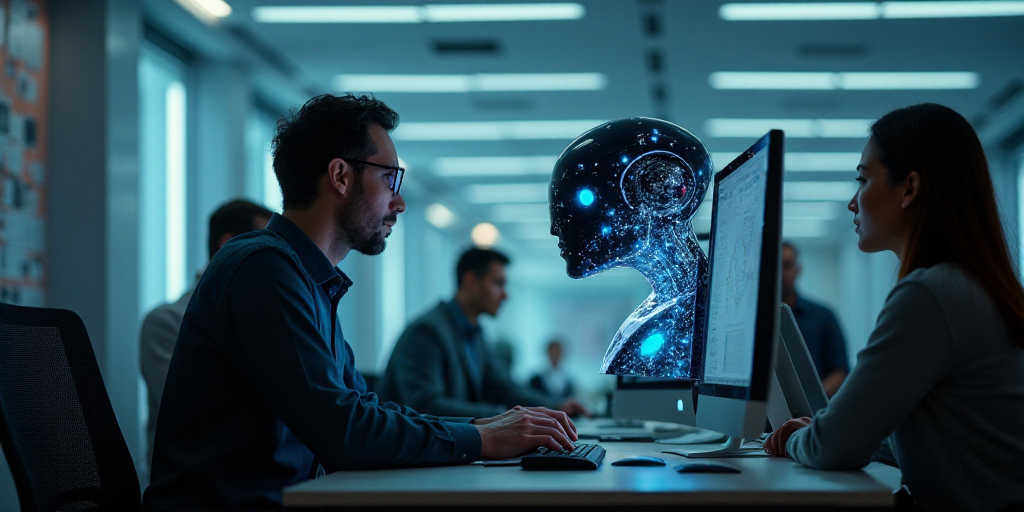 a man sitting at a desk with a computer and a robot head on it's face and people around him, Ai-Mits