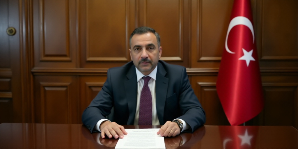 a man sitting at a table with a document in front of him and a flag behind him in a room with wooden