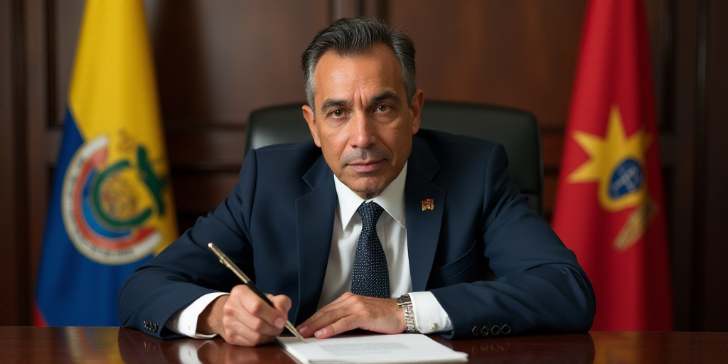 a man sitting at a table with a pen in his hand and two flags behind him and a flag behind him, Fede