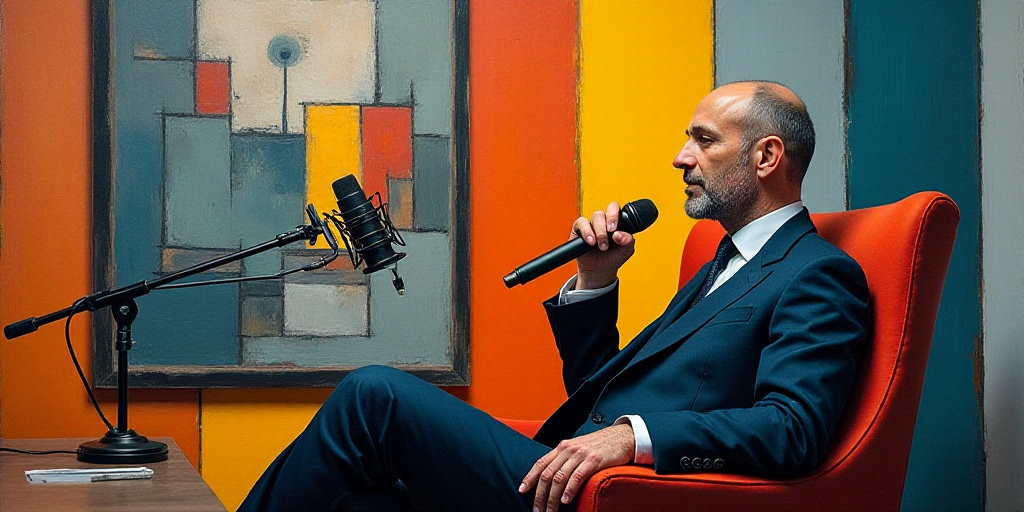 a man sitting in a chair with a microphone in front of him and a microphone in front of him, Edo Mur