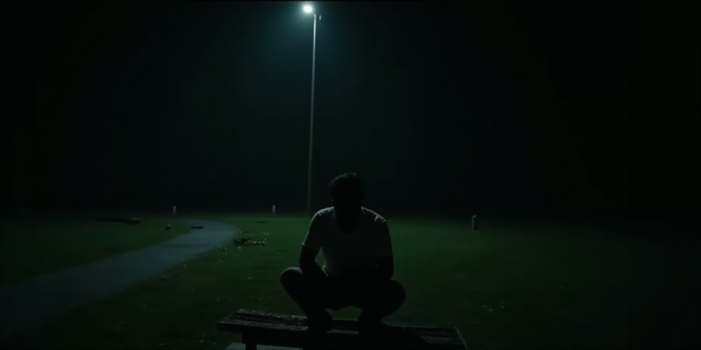 a man sitting on a bench in the dark with his hands on his knees and his head down,, Bhupen Khakhar,