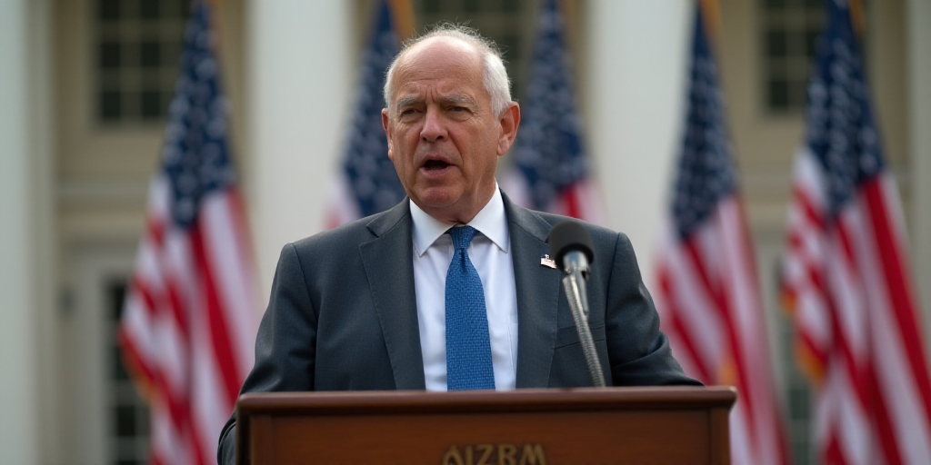 a man standing at a podium in front of a building with flags behind him and a microphone in front of