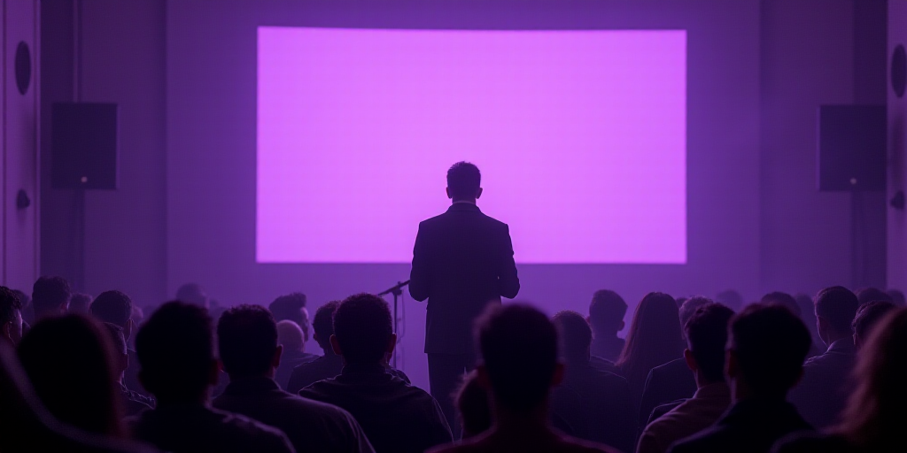 a man standing at a podium in front of a crowd of people in front of a purple wall with a purple ban