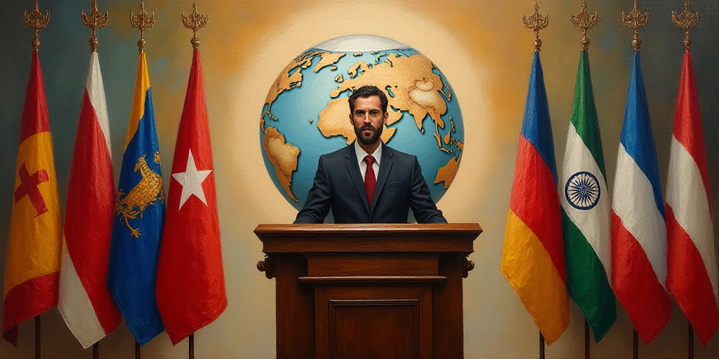 a man standing at a podium in front of flags of different countries and a flag of the world behind h