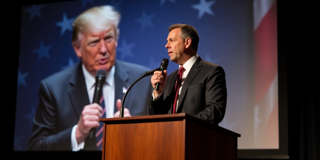 a man standing at a podium in front of a poster of a man in a suit and tie with a microphone, Brian