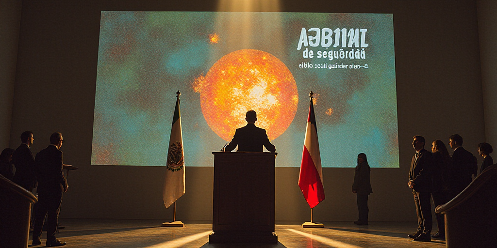 a man standing at a podium in front of a flag and a sign that says gabinete de segurdad, David Alfar