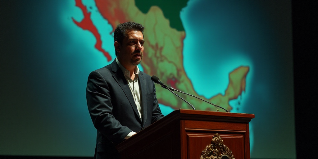 a man standing at a podium with a microphone in front of him and a map of mexico behind him, Federic