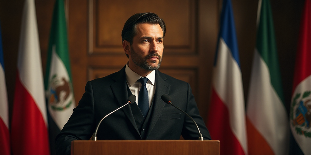 a man standing at a podium with a microphone in front of flags and a microphone in the background wi