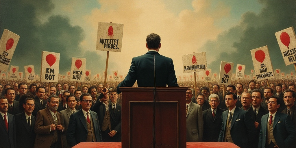 a man standing at a podium with a crowd of people behind him holding signs and a microphone in front