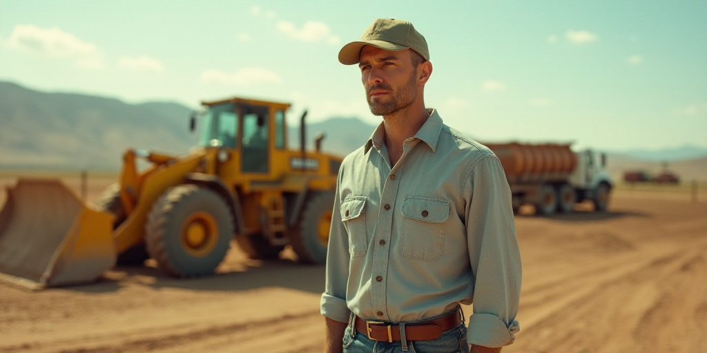 a man standing in a dirt field next to a bulldozer and a truck in the background with a fence, Elbri