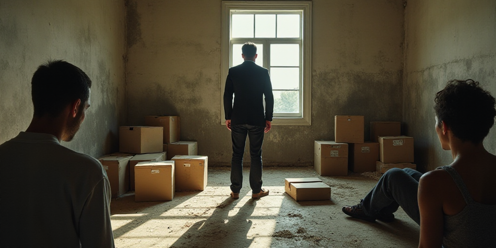 a man standing in a room with boxes on the floor and people sitting around him and a woman standing