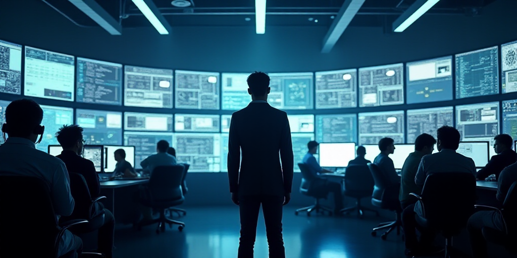 a man standing in front of a bunch of monitors in a building with people standing around it and look