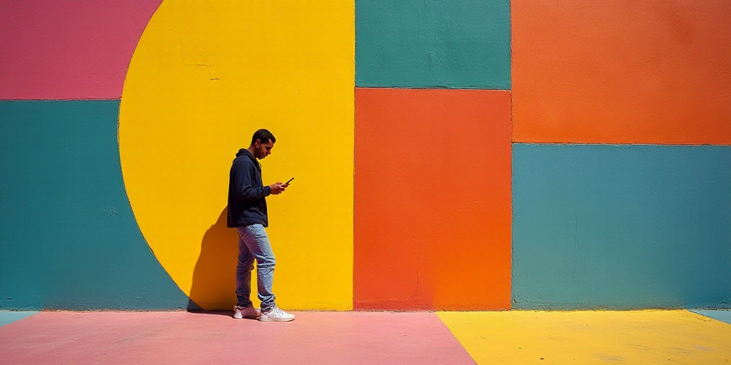 a man standing in front of a colorful wall using a cell phone in his hand and looking at his phone,