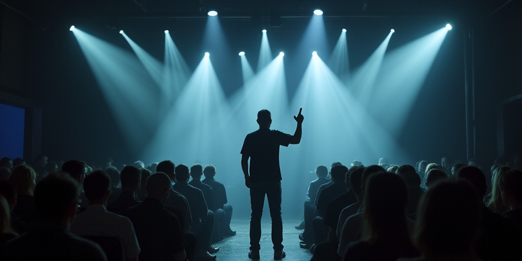 a man standing in front of a crowd of people in a room with a microphone in his hand and a microphon