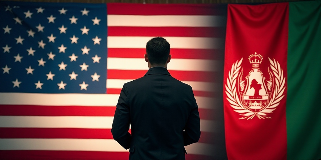 a man standing in front of a flag and a flag of the united states of america and the afghan american