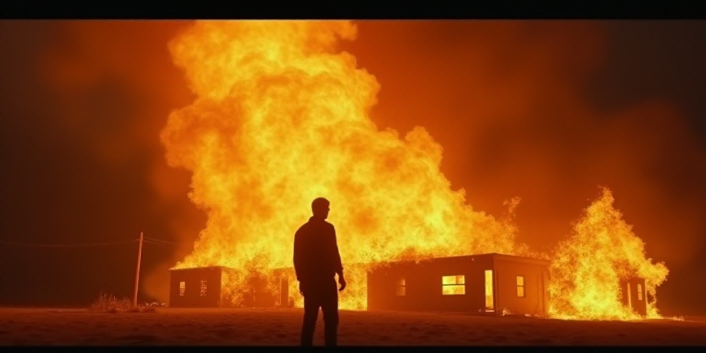 a man standing in front of a fire with a lot of flames coming out of it and a building on fire, Elbr