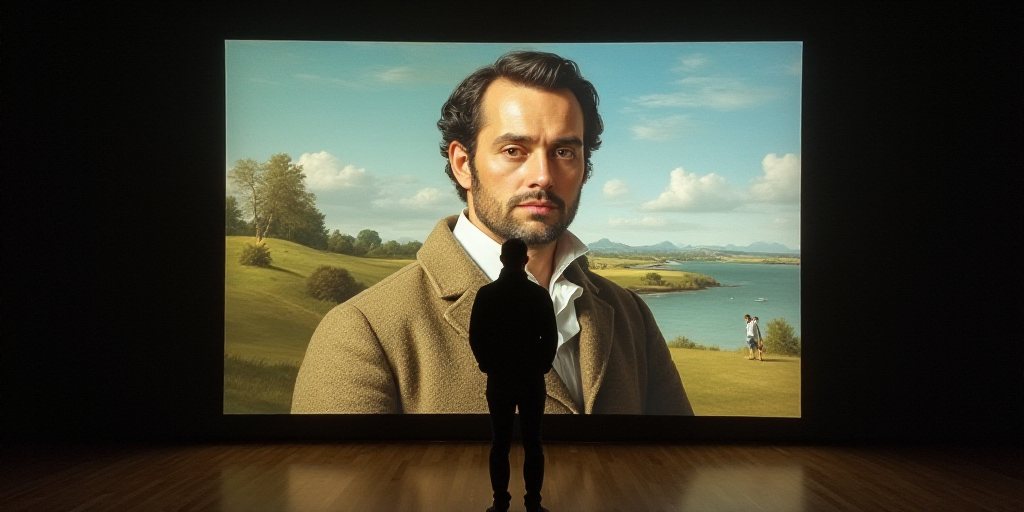 a man standing in front of a large screen with a picture of a man on it's side, Diego Velázquez, ig