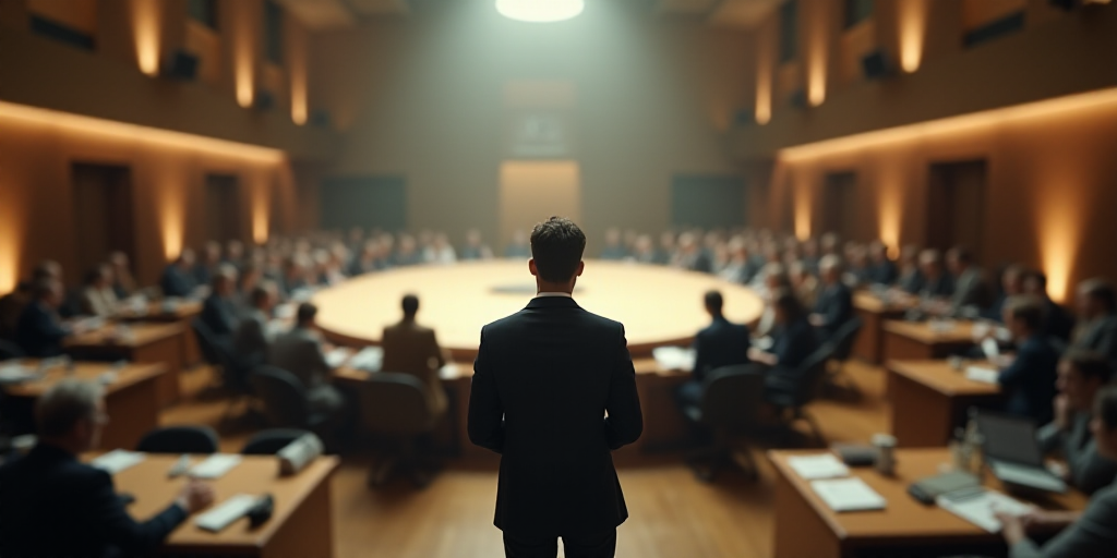 a man standing in front of a large circular table in a room with people sitting at tables and talkin