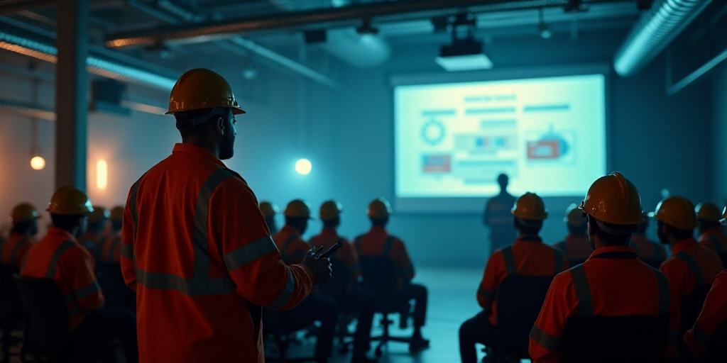 a man standing in front of a projector screen giving a presentation to a group of people in construc