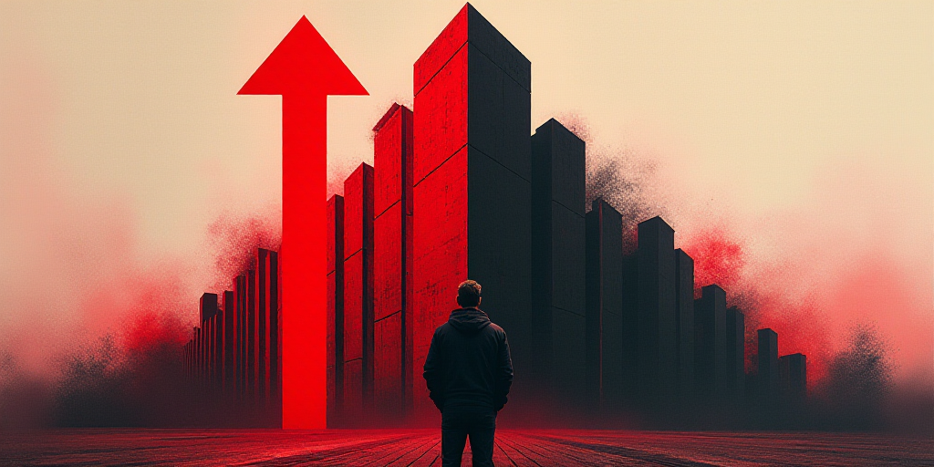 a man standing in front of a red and black graphic of a building and a red arrow pointing upward, An