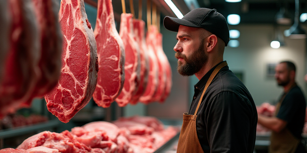 a man standing in front of a rack of meat on display at a butcher shop with a man in the background,