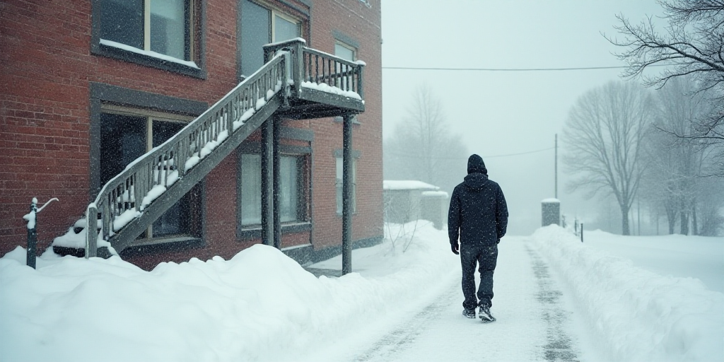 a man standing in the snow next to a building with a staircase and a sign on it that says art tsk ka