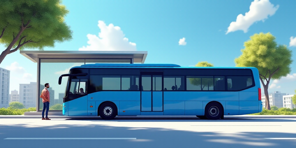 a man standing next to a blue bus at a bus stop with a man standing next to it and a bus, Ceferí Ol