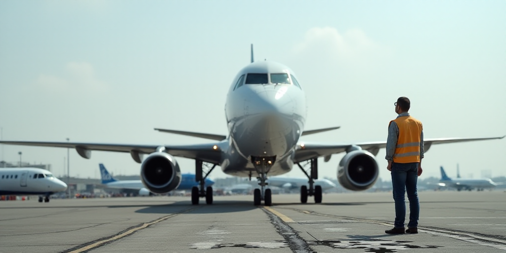 a man standing next to a large white airplane on a runway with other planes in the background and a