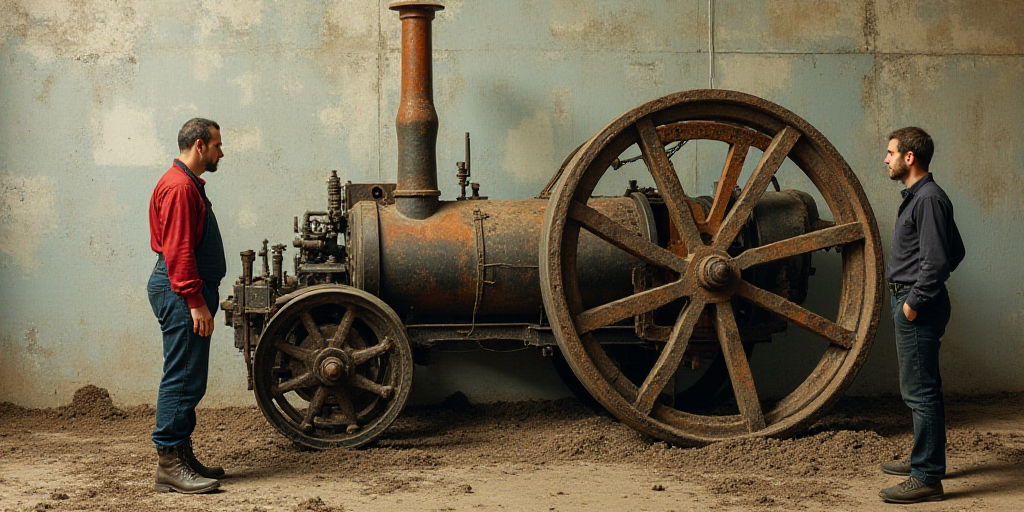 a man standing next to a machine with a piece of metal on it's side and another man standing next to