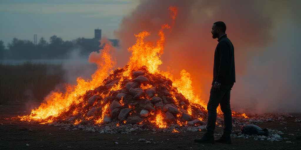 a man standing next to a pile of bags of garbage on fire and smoke in the background, with a pile of