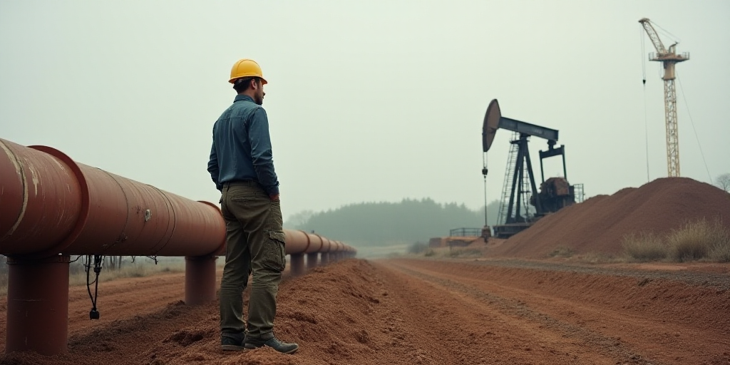 a man standing next to a pipe on top of a dirt field next to a pile of dirt and a crane, Constant Pe