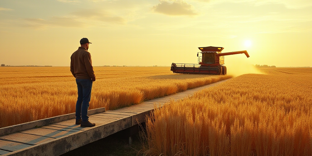 a man standing on a bridge over a field of grain next to a tractor and a combine truck in the distan