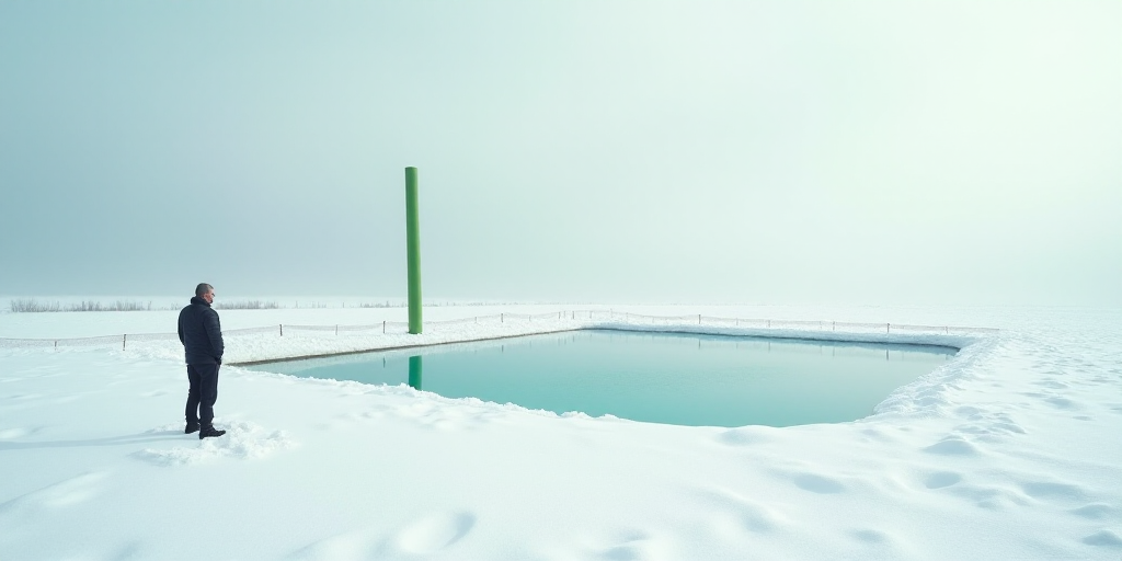 a man standing on a snow covered field next to a pool of water with a fence around it and a green po
