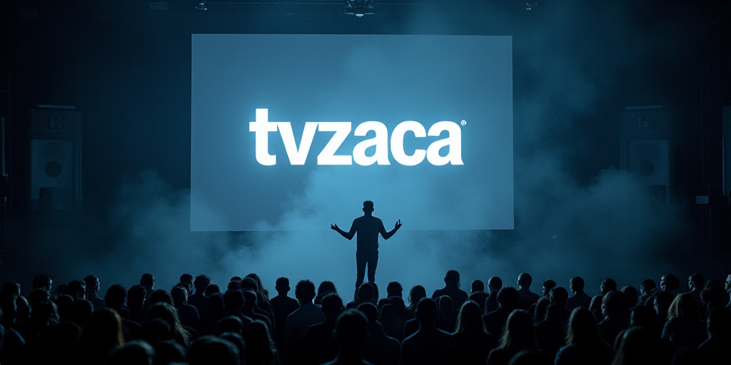 a man standing on a stage in front of a crowd of people with a tvzaca logo on the wall, Diego Veláz
