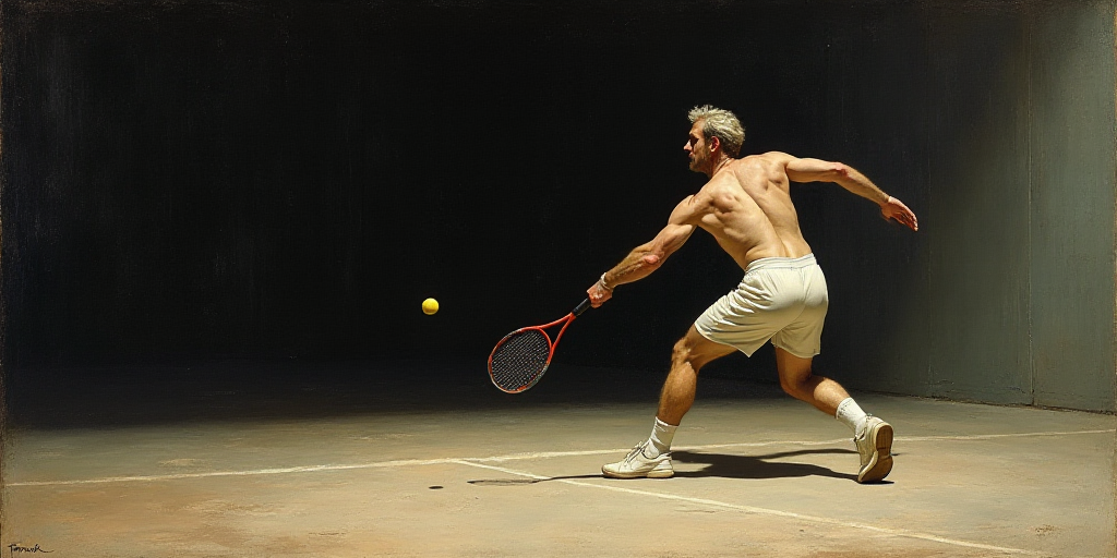 a man swinging a tennis racquet at a ball on a court with a black background and a white wall, Adam