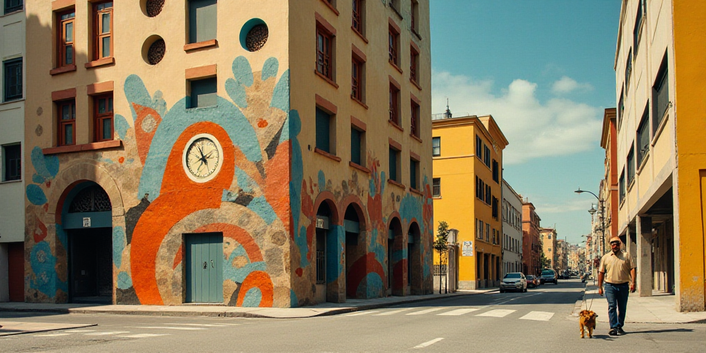 a man walking a dog down a street next to a tall building with a clock on it's side, David Alfaro Si